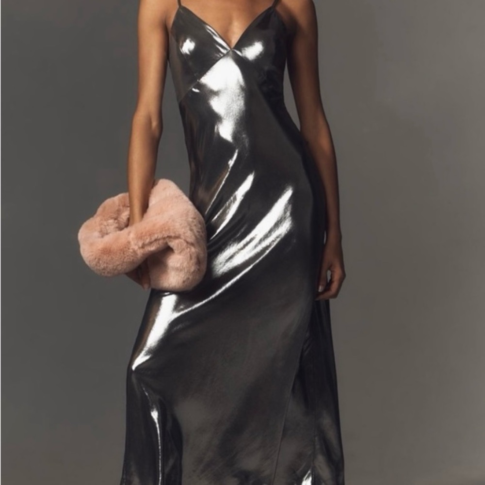 Anthropologie Silver Metallic Slip Dress